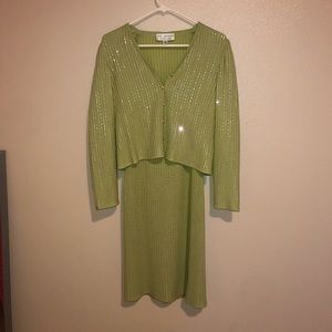 NWOT ST. JOHN EVENING SIZE 4 VINTAGE GREEN SPARKLY MATCHING SET DRESS & SWEATER